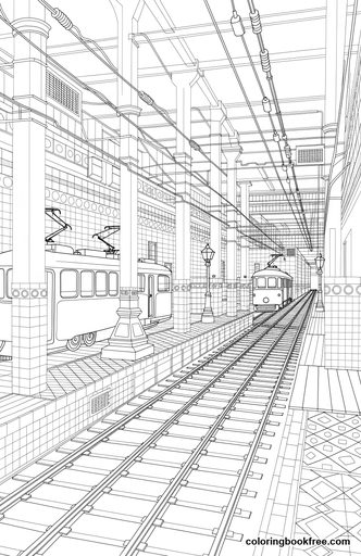 Tram depot, a free Vehicles coloring page for Adults
