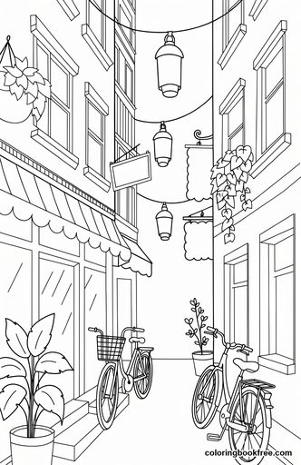 Lantern alley, a free Nature coloring page for Teens