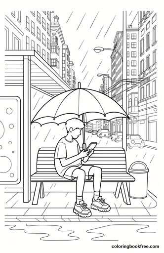 Rainy bus stop, a free People coloring page for Teens