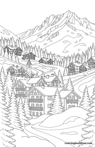 Alpine village, a free Nature coloring page for Adults