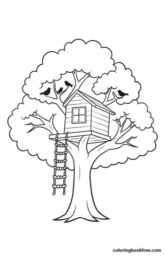 Treehouse, a free Nature coloring page for Kids