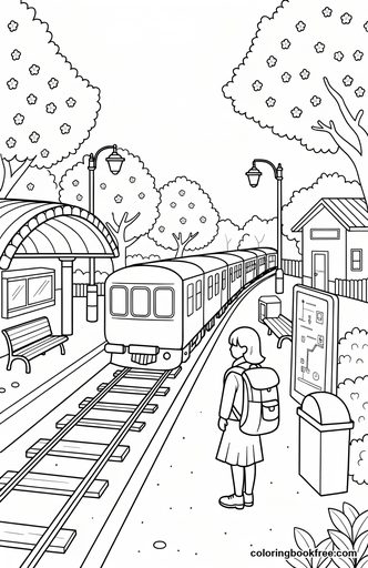 Cherry-blossom station, a free Nature coloring page for Teens