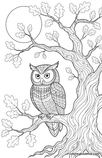 Owl in the oak, a free Animals coloring page for Adults
