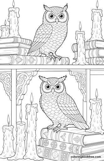Owls in the library, a free Animals coloring page for Adults