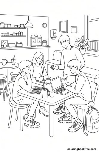 Cafe study, a free People coloring page for Teens