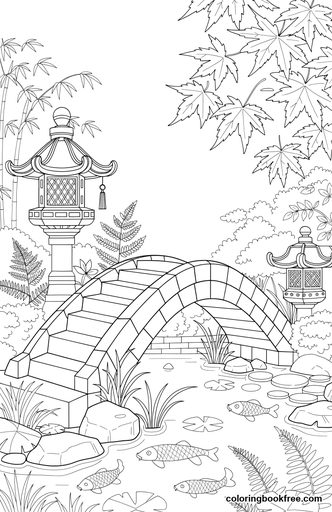 Koi bridge, a free Nature coloring page for Adults