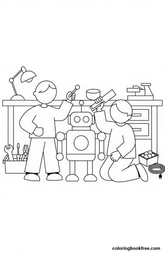 Robot workshop, a free Stories coloring page for Kids