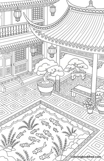 Chinese courtyard, a free Nature coloring page for Adults